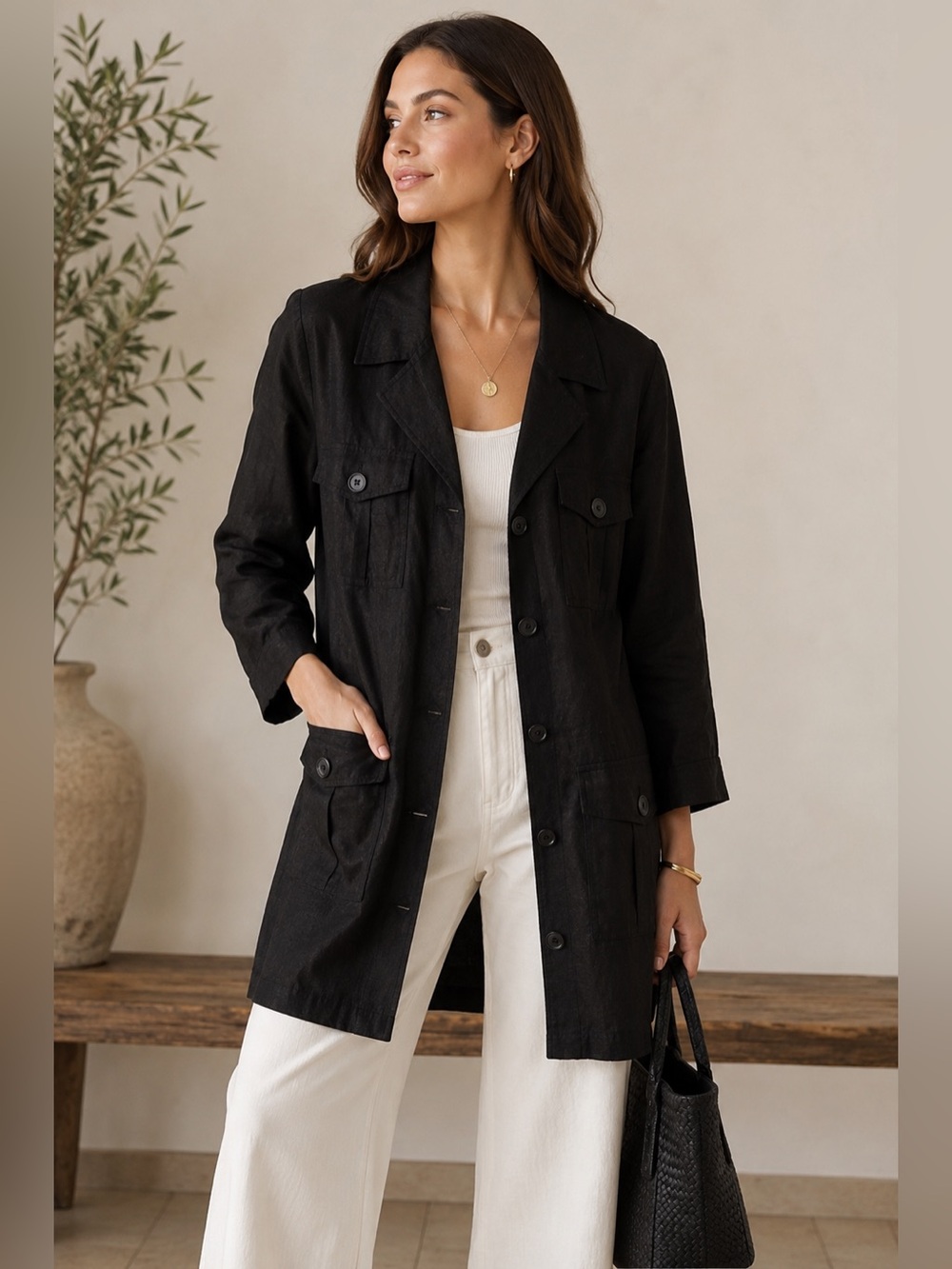 NWT Zara Linen Cotton Utility Trench Jacket Black Button Front Lightweight | XS